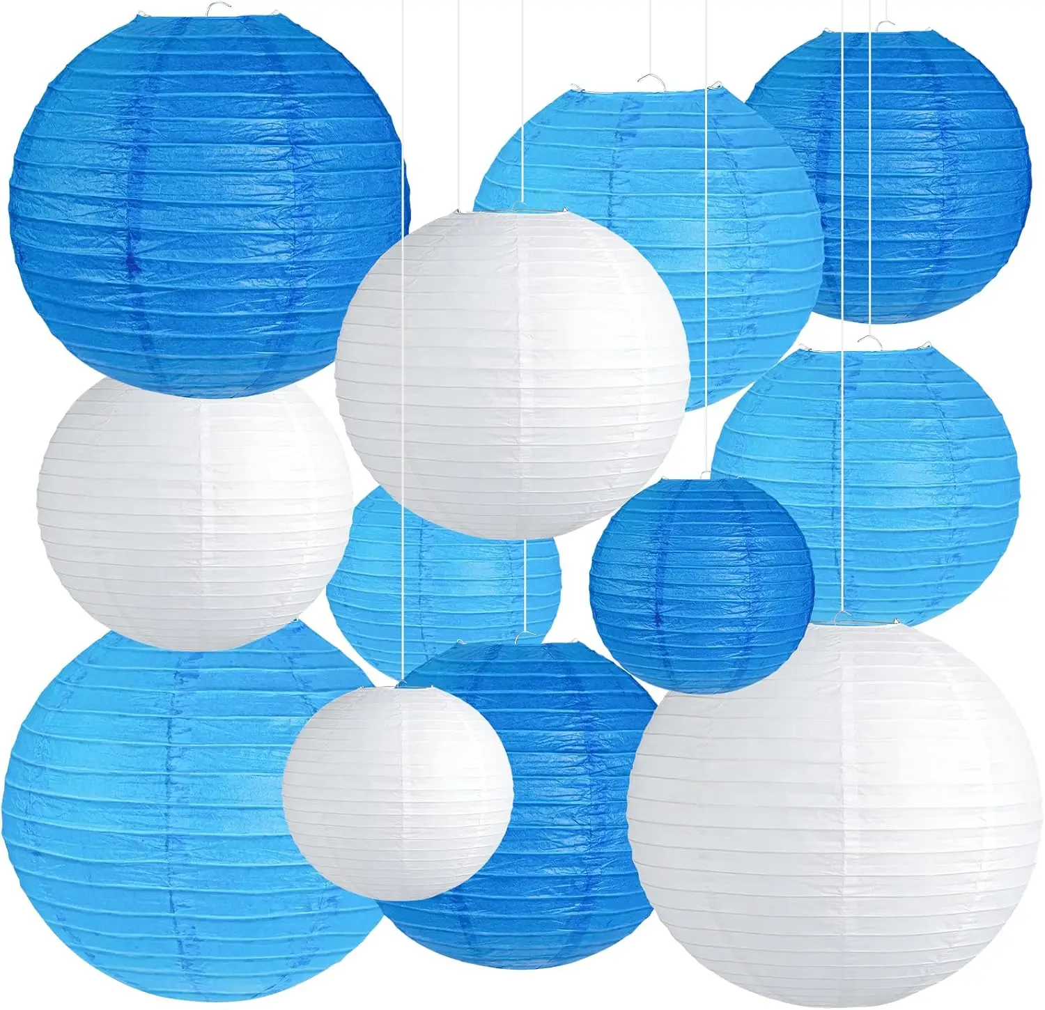 

12Pcs Blue White Paper Lanterns Set, 6-12 Inch Hanging Decor for Ocean Nautical Theme Party