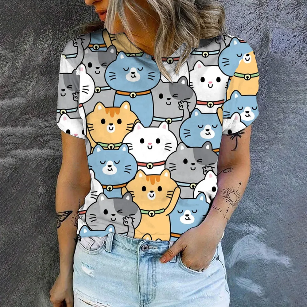 Fashion Summer Women's T-shirt Short Sleeve Top Cute Cat Cartoon Print Comfort Round Neck Woman Clothing Short Sleeve T-shirt