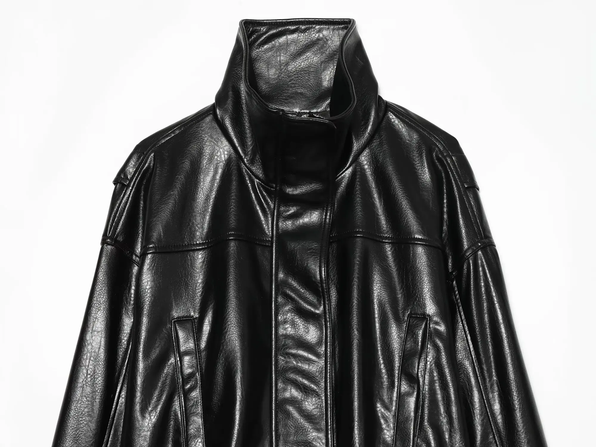 BSAY Damen Neue Kunstleder-Bomberjacke mit Stehkragen, Lose Geschnittene Oberbekleidung, Outdoor-Pendlerstil, Herbst-Winter-Freizeitjacke – Detail 11
