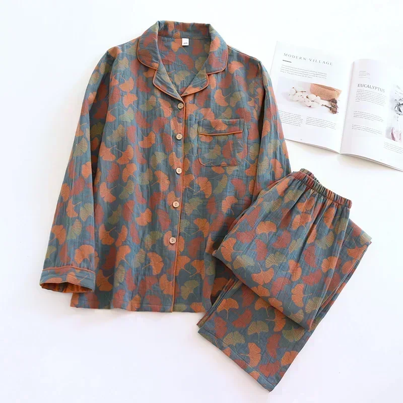 

100% Cotton Trouser Pajamas Suit for Women's Spring and Autumn Sleepwear Set Long-sleeved Home Clothes Jacquard Pijama Mujer