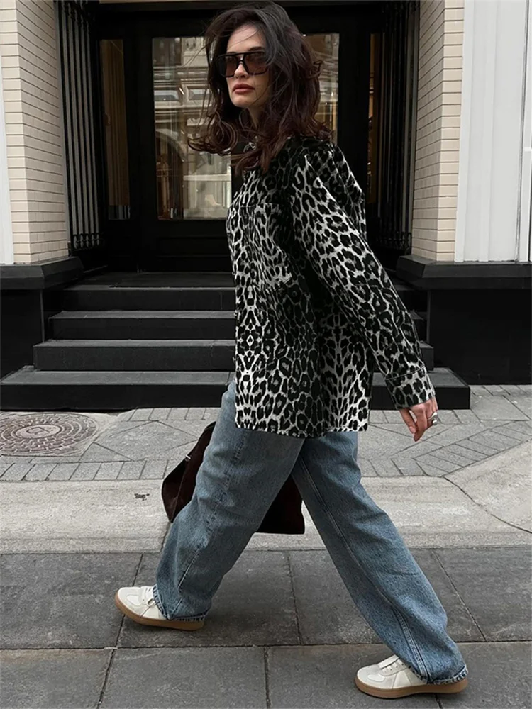 SUNSIREN Y2K Leopard Print Jacket Women Vintage 90s Pure Cotton Outerwear Oversized Streetwear Retro Basic Jackets 2024 Autumn