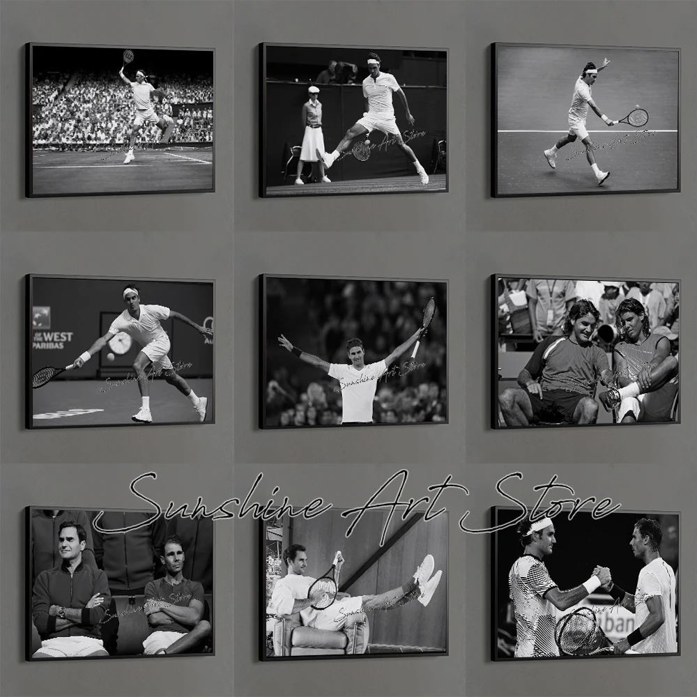 Schweizer Tennis-Sensation Roger Federer Fotografie-Kunst Tennis-Legende Athleten-Ikone Schwarz-Weiß-Poster Leinwandgemälde Wandbilder Dekoration