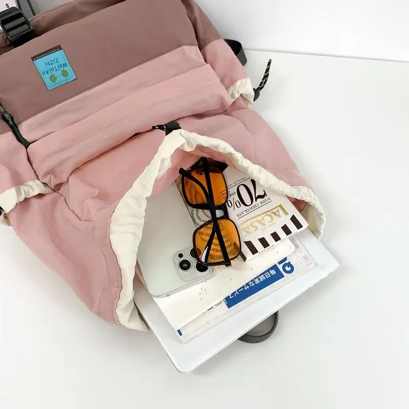 Drawstring Backpack High School Student Nylon Canvas Travel Commuter Backpack Casual Color Contrast Backpack