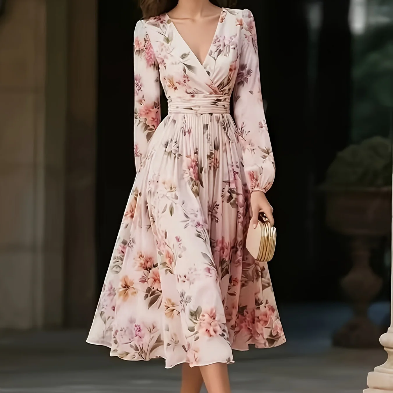 Women Elegant V Neck A Line Dress A Line Dresses with Pleated Hem and Vertical Pleats for Spring Summer