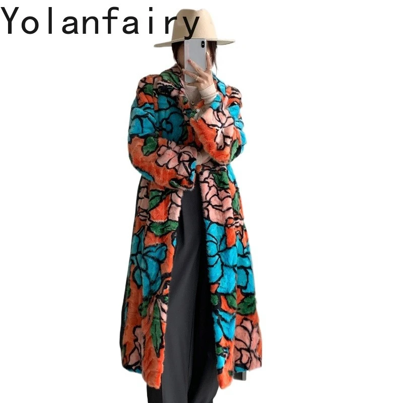 YOLANFAIRY High Quality Splicing Mink Fur Jacket Women's Clothes 2025 Winter Long Real Fur Coats Woman Printed Long Fur Coat