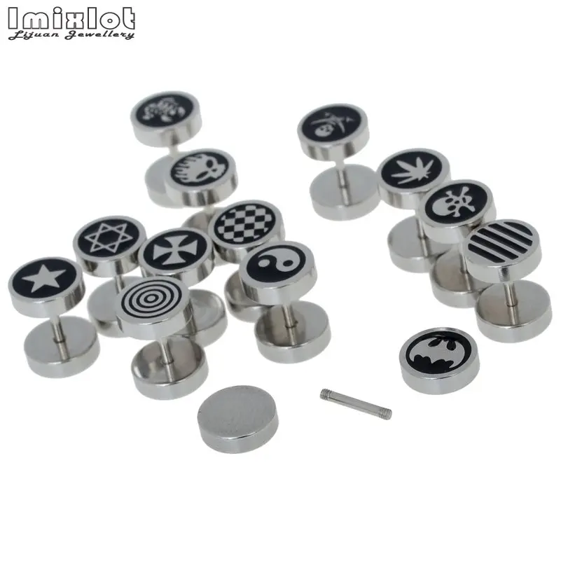 12Pcs Mix Fashion Stainless Steel Round Stud Earrings For Men Women Unisex Trendy Stripe Star Skull Earings Party Jewelry Gift