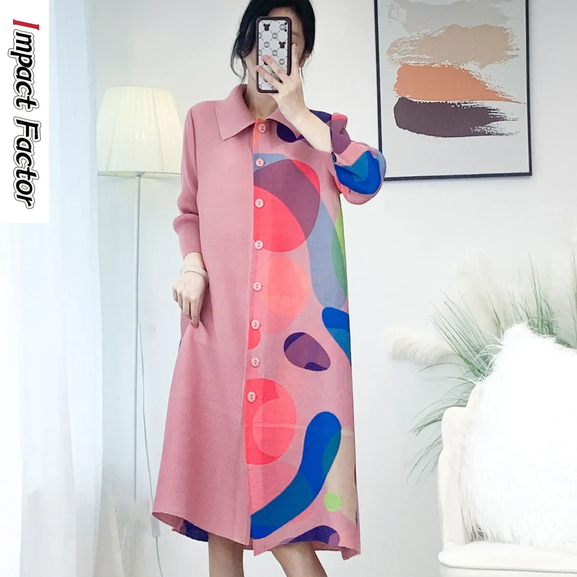 

Miyake Fold 2024 Spring and Autumn Season New Fashion Printed Cardigan Dress Women's Loose and Slim Style Mid Length Dress