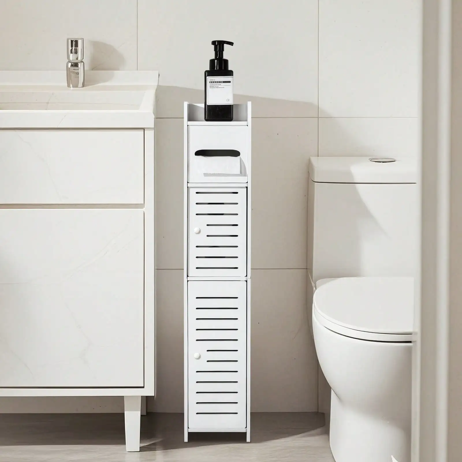 3-Tiers Slim Bathroom Storage Cabinets In Different Sizes, Collapsible Storage Cabinets, Narrow Bathroom Storage Cabinets, Slim PVC Organizers, Suitable For Tight Spaces, Easy To Assemble And Durable, Multi-Purpose Toilet Paper Holder Organizer For Bath view 5