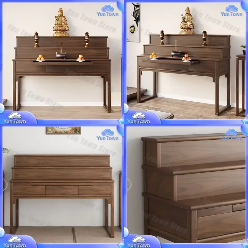 Chinese Style Black Walnut Offering Table for Incense Burner Three Layer Solid Wood Altar Table for Home Temple Decor