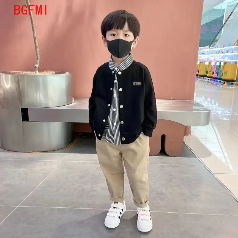 

Teens Boys Outfits Set 2024 Spring Autumn New Baby Black Single Breasted Knitted Coat+ Stripe Shirt+Khaki Pants 3pcs Casual Sets