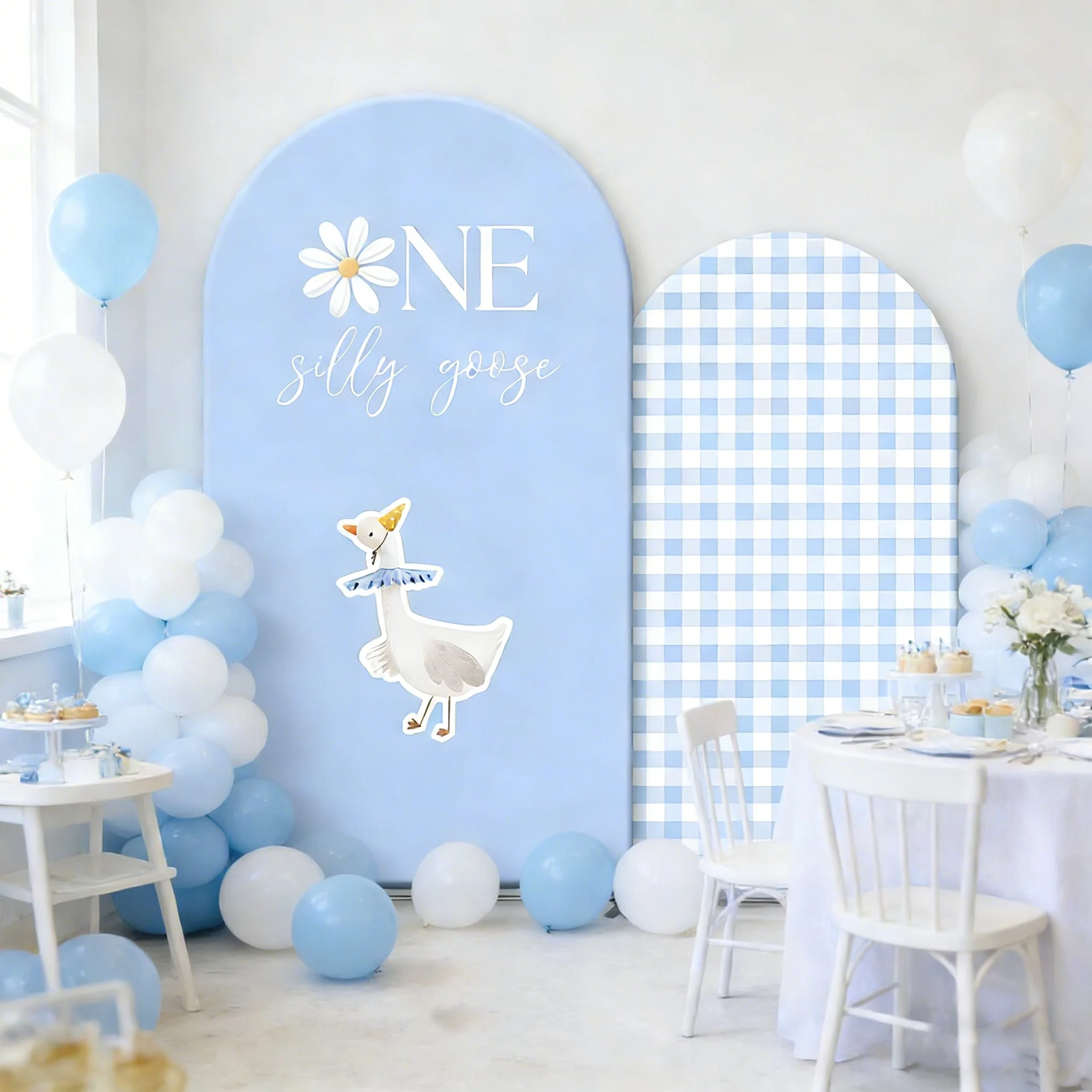 

LS Custom 2-Sided One Silly Goose Bow Light Blue Kids Birthday Baby Shower Cover Chiara Arch Background Decor Backdrop