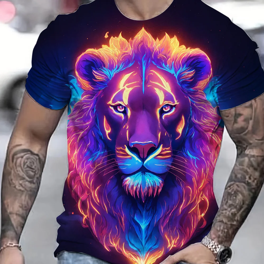 Summer T Shirt Men Casual Lion Pattern Tops Tee Clothing Large Size Animal Print Short Sleeve Outdoor Breathable Sports T-shirt