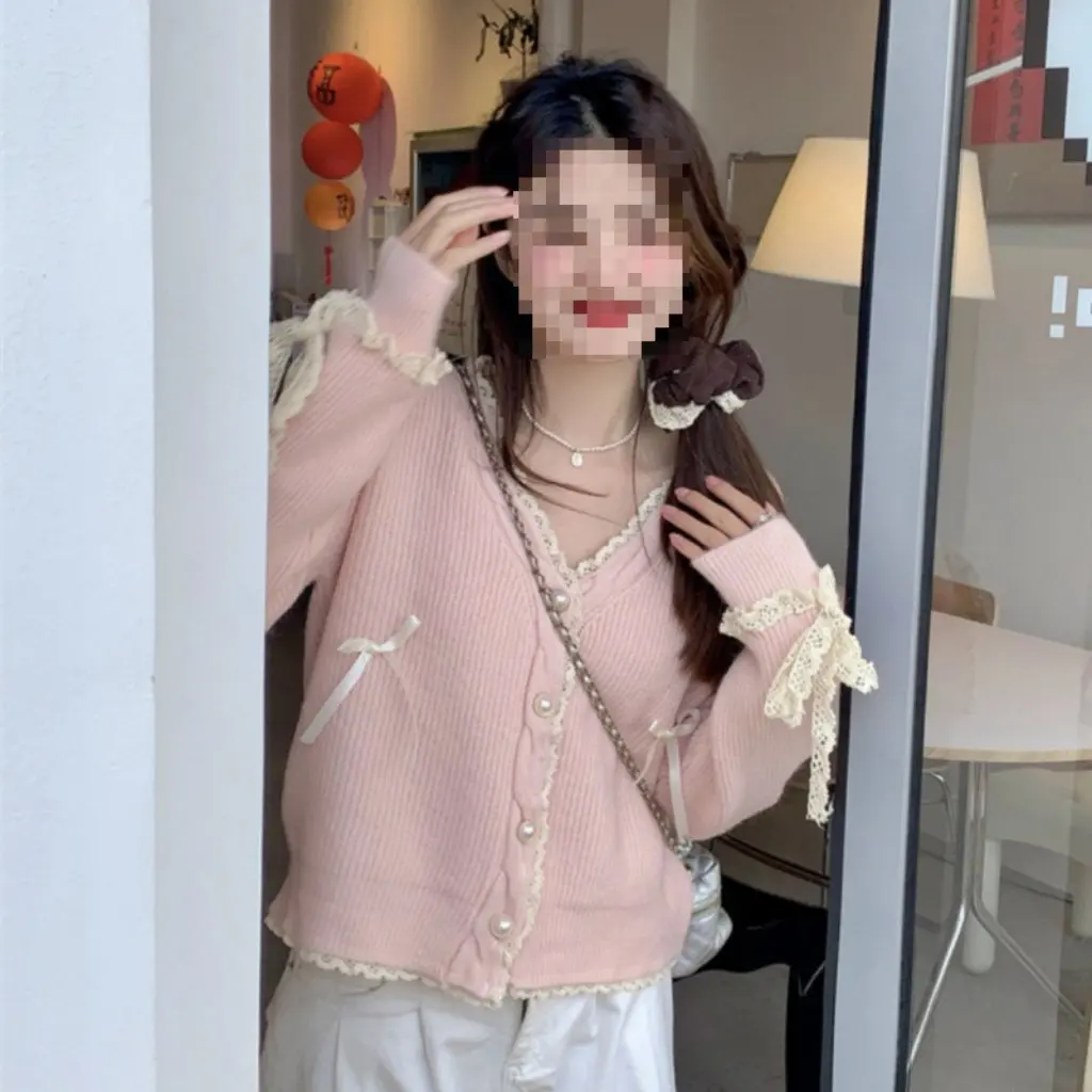 

Women's Wood-ear V-neck Cardigan Jacket Loose Slimming Knitted Top Stereo Bow Detail Spring Lazy Style Sweater
