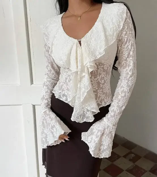 

Lace Hollow Out Ruffle Flared Sleeve Shirt for Women Spring & Summer Commuting ting Temperament Sexy Slimming White Top