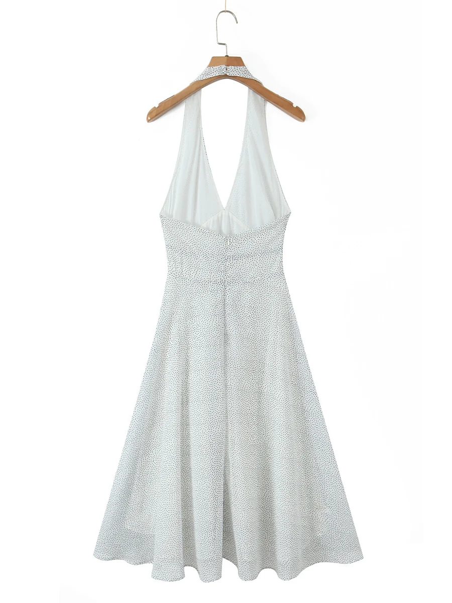 Vestido Longo E e Romântico com Estampa de Poá, Decote V Sexy, Ajuste na Cintura e Costas Abertas para Mulheres