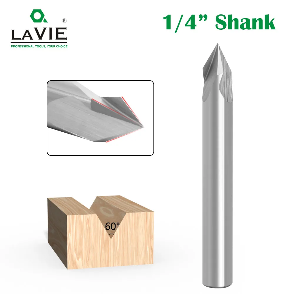 LAVIE 1/4 6.35mm Shank Integral Carbide CNC Router Bit Pointed Drill 60 ° Woodworking Slotting Tool V-type Milling Cutter Z07V