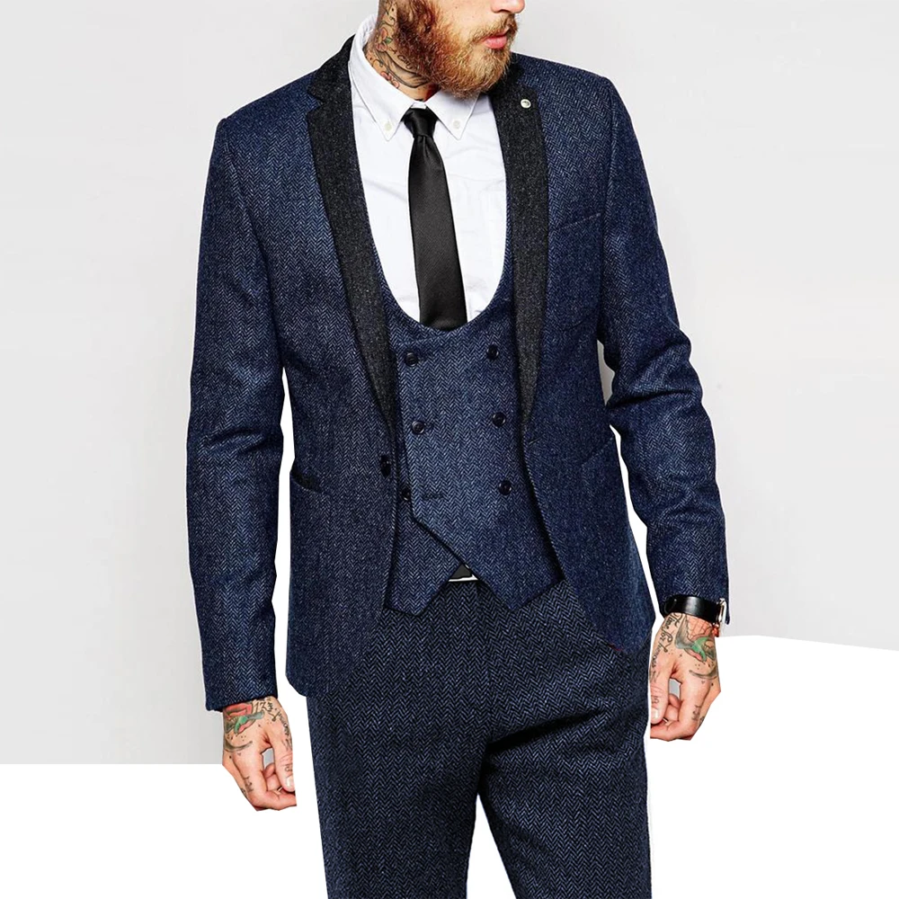 

XS-5XL Men's 3 Pcs Suit Set Slim Fit Herringbone Lapel Tuxedos Casual Male Suits Blazer+vest+Pants For Wedding Party Groomsmen