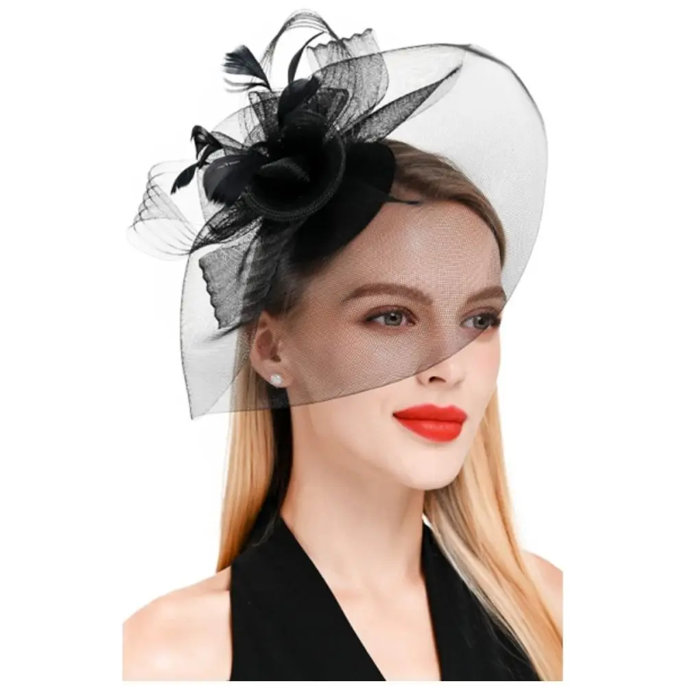 

Fashion Handmade Lady Women Fascinator Bow Hair Clip Headwear Lace Feather Mini Hat Wedding Party Accessory