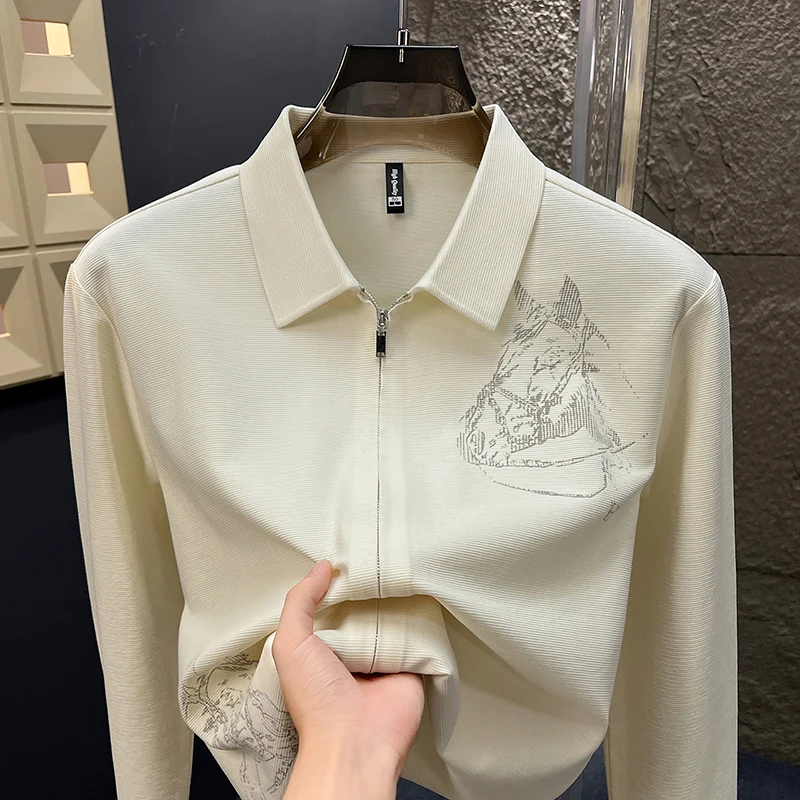 قميص رجالي أصلي بأكمام طويلة وسحاب وياقة مقلوبة وطباعة بسيطة وخفيفة الوزن كاجوال للربيع والخريف للرجال #6