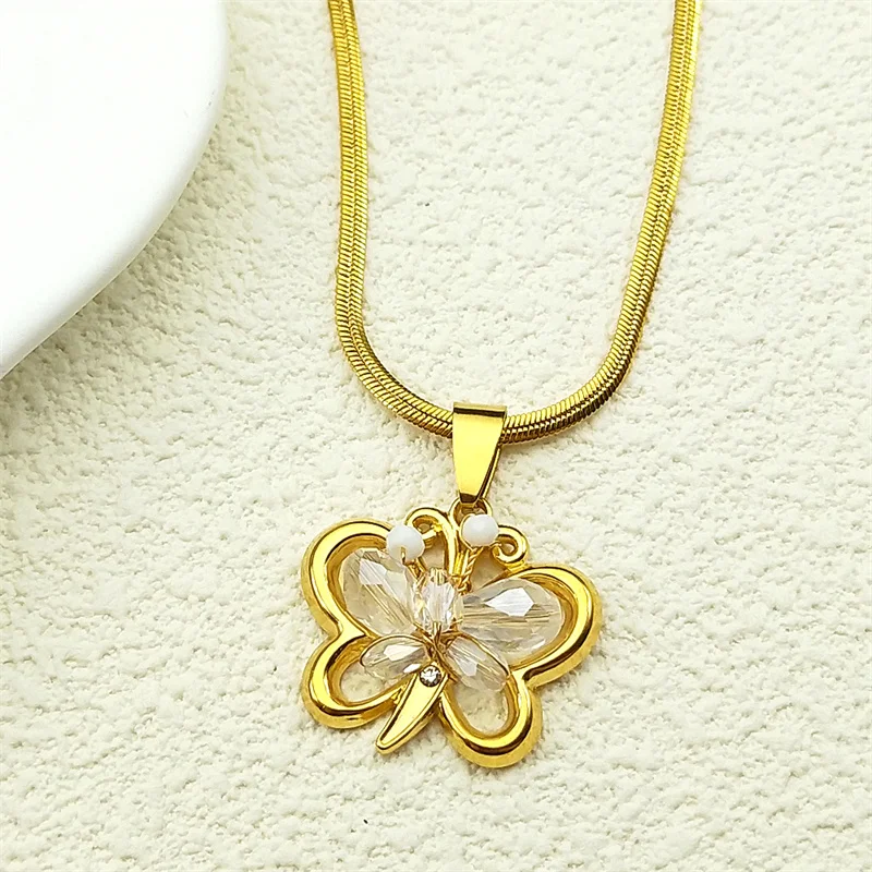 

Cute Colorful Glass Butterfly Pendant Necklace for Women Girls Stainless Steel Gold Color Animal Rhinestone Jewelry Gift