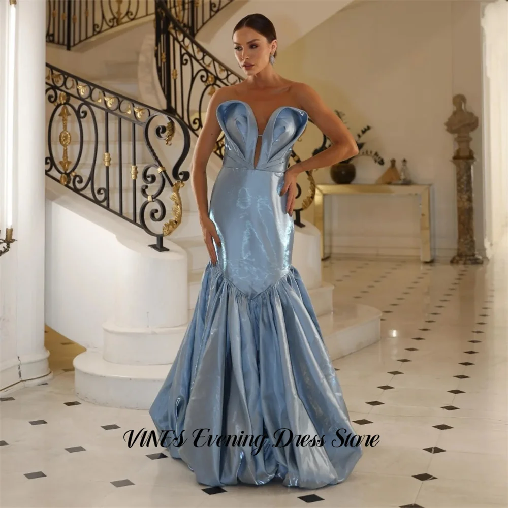VINES Blue Party Dress Strapless Sleeveless Evening Dresses Mermaid Floor Length Prom Gown Satin فساتين سهره Modest Customized