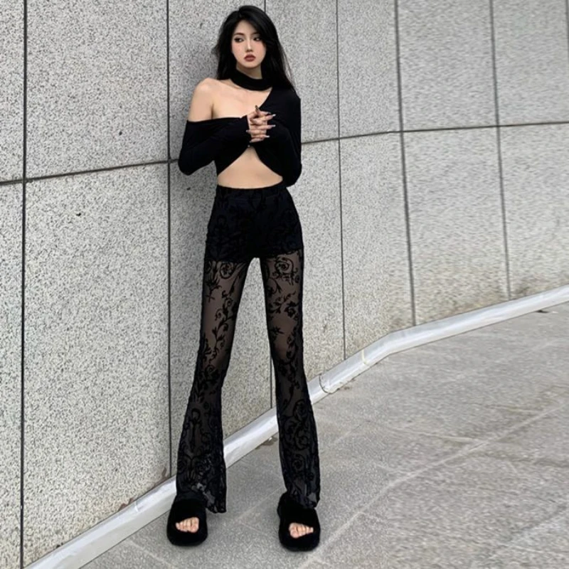 Casual Boot Cut Pants Women Patchwork Lace High Waist Hollow Out See Through Spice Girls Embroidery Streetwear Breathable Y2K