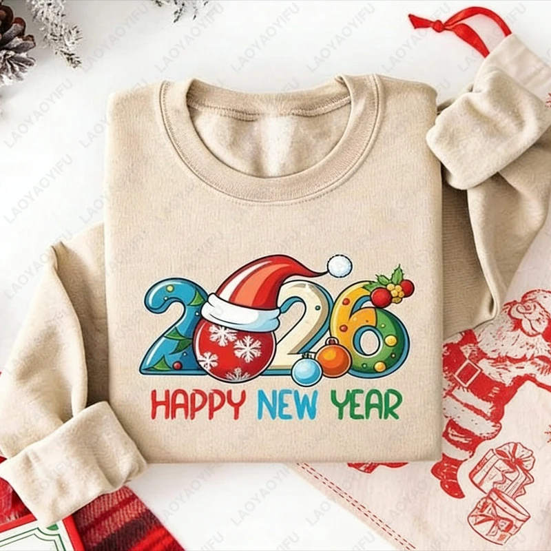 سنة جديدة سعيدة 2026 الأسرة مطابقة البلوز احتفالي لطيف للجنسين البلوز مضحك عيد الميلاد قبعة الرسم الاحتفال حفلة هودي #1