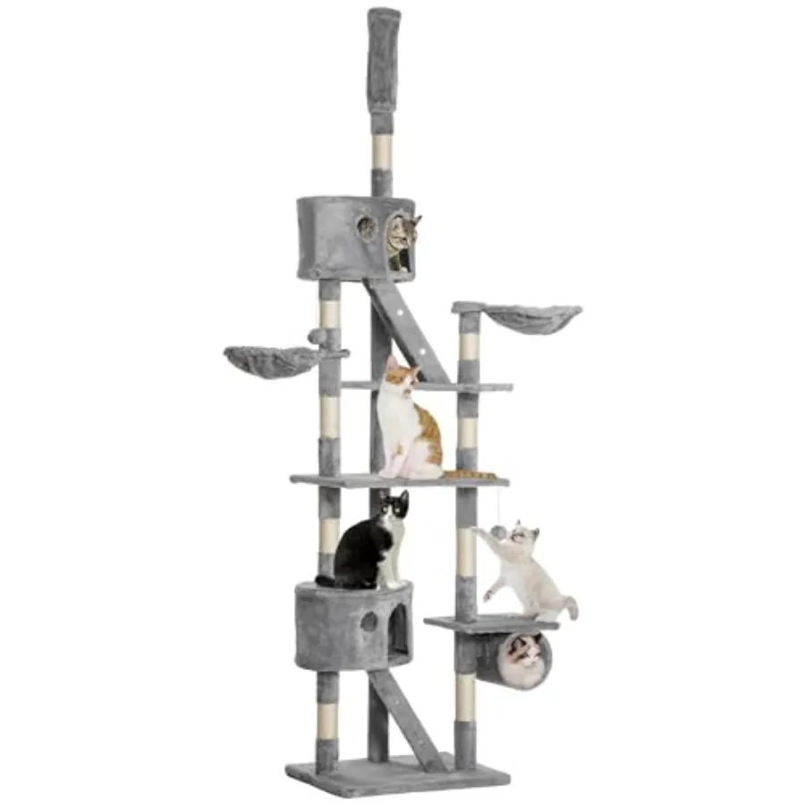 

Floor to Ceiling Cat Tree 94.5-102.5 inch Adjustable Height Cat Climbing Tower with Scratching Posts Condos Hammocks Tubes Ladd