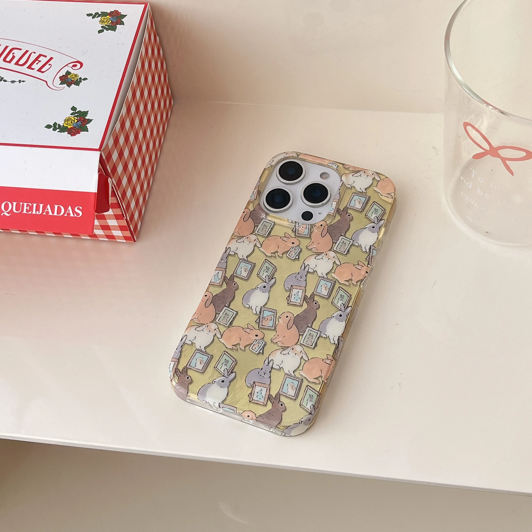 Korean INS Cartoon Ripple Texture Full Screen Rabbits Cute Phone Case for iPhone 16 15 14 13 Pro Max Back Phone Cover Capa