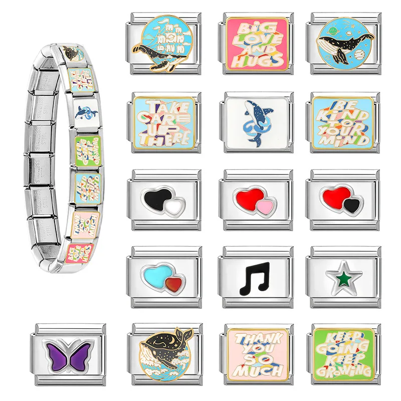 الزركون القلب القوس الكرز الصليب ستار القمر اللؤلؤ الصلب اللون الإيطالية سحر الروابط صالح 9 مللي متر الفولاذ المقاوم للصدأ سوار النساء DIY بها بنفسك صنع