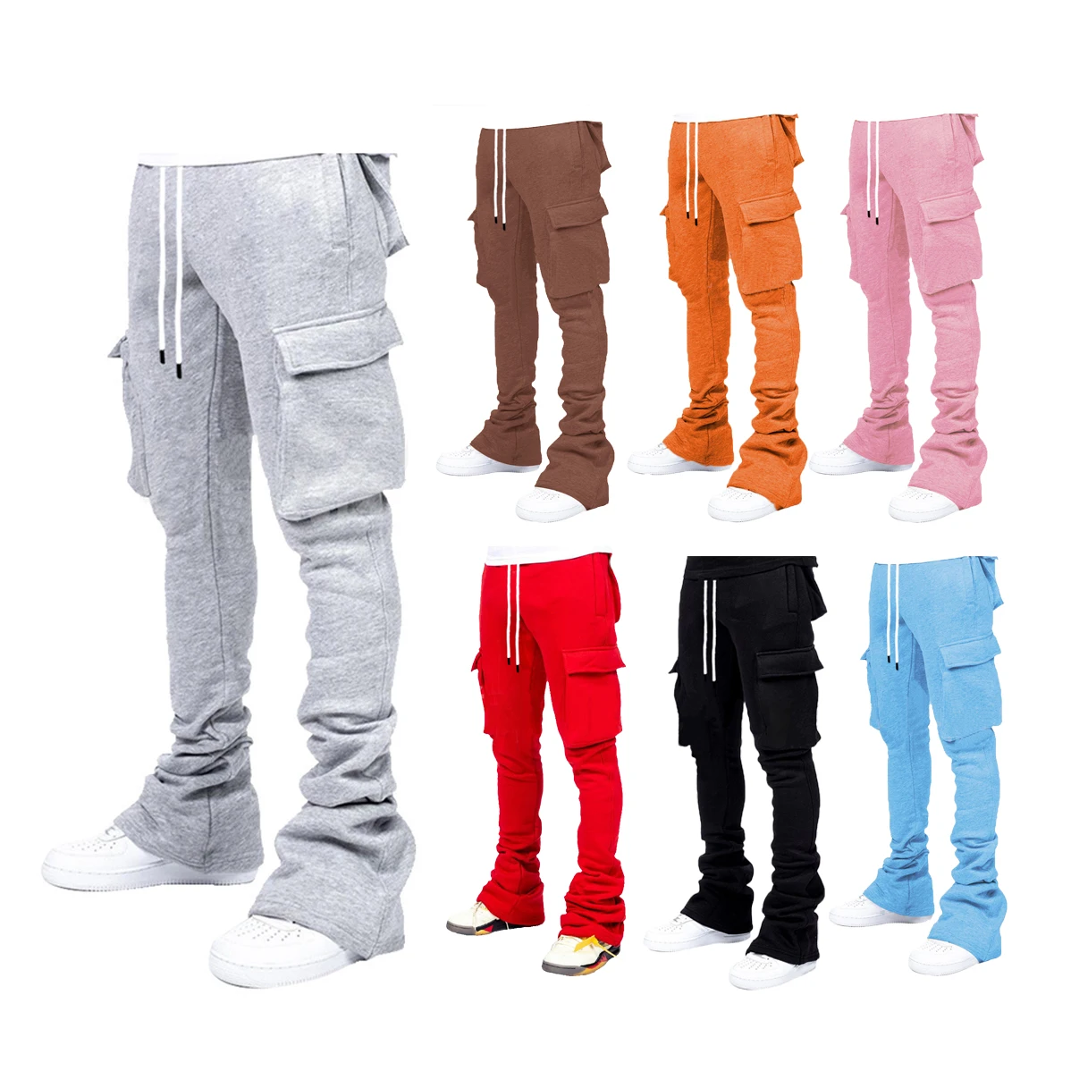 Plus Size Cargo Stacked Pants for Men Fleece Flare Sweat Pants Street Wear Men Pile Up Hiphop Pants New Design