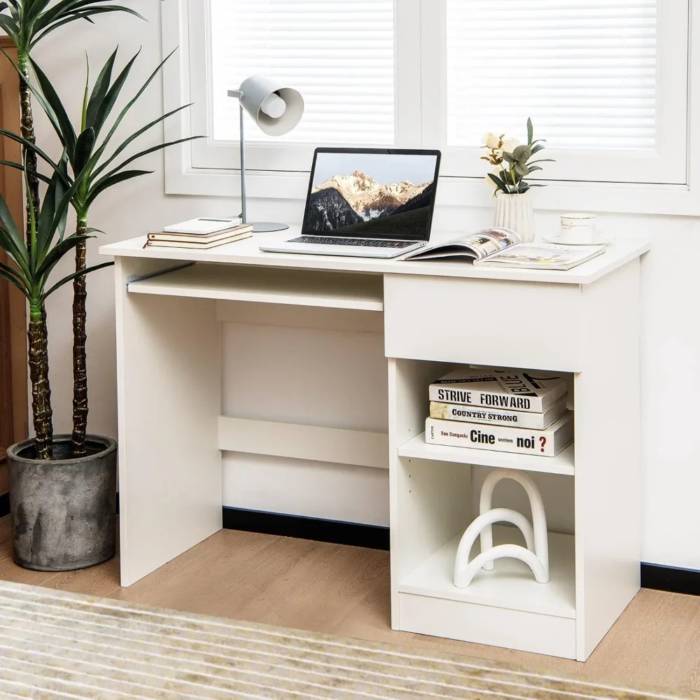 White Desk with Drawer, Wooden Computer Desk with Pull-Out Keyboard Tray & Adjustable Storage Shelves, Modern Laptop PC