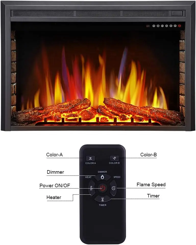 star 36" Electric Fireplace Insert, Freestanding & Recessed Electric Stove Heater, LED Adjustable Flame with Burning F