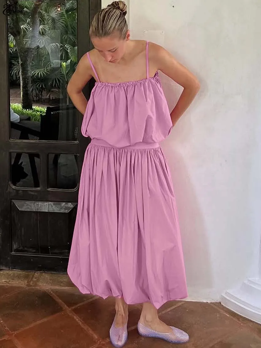 

Oymimi Casual Pink Cotton 2 Pieces Set For Woman Elegant Spaghetti Strap Zipper Loose Tops And High Waisted Pleated Skirts Sets