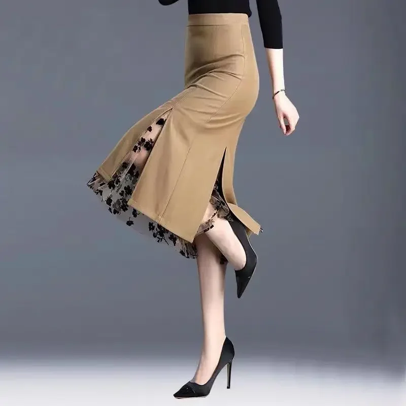 

Vintage Patchwork Wrapped Hip Skirt Spring Autumn Solid Slim Zipper Slit Hem Half Length Skirts Fashion Elegant Women Clothing