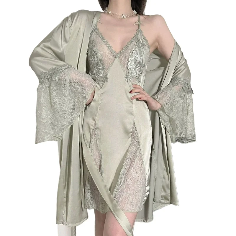 2026 Summer Fashion Korean Style Lace V-neck Halter Bathrobe Home Wear Pure Color Sexy Silk Thin Pajama Two-piece Set for Women