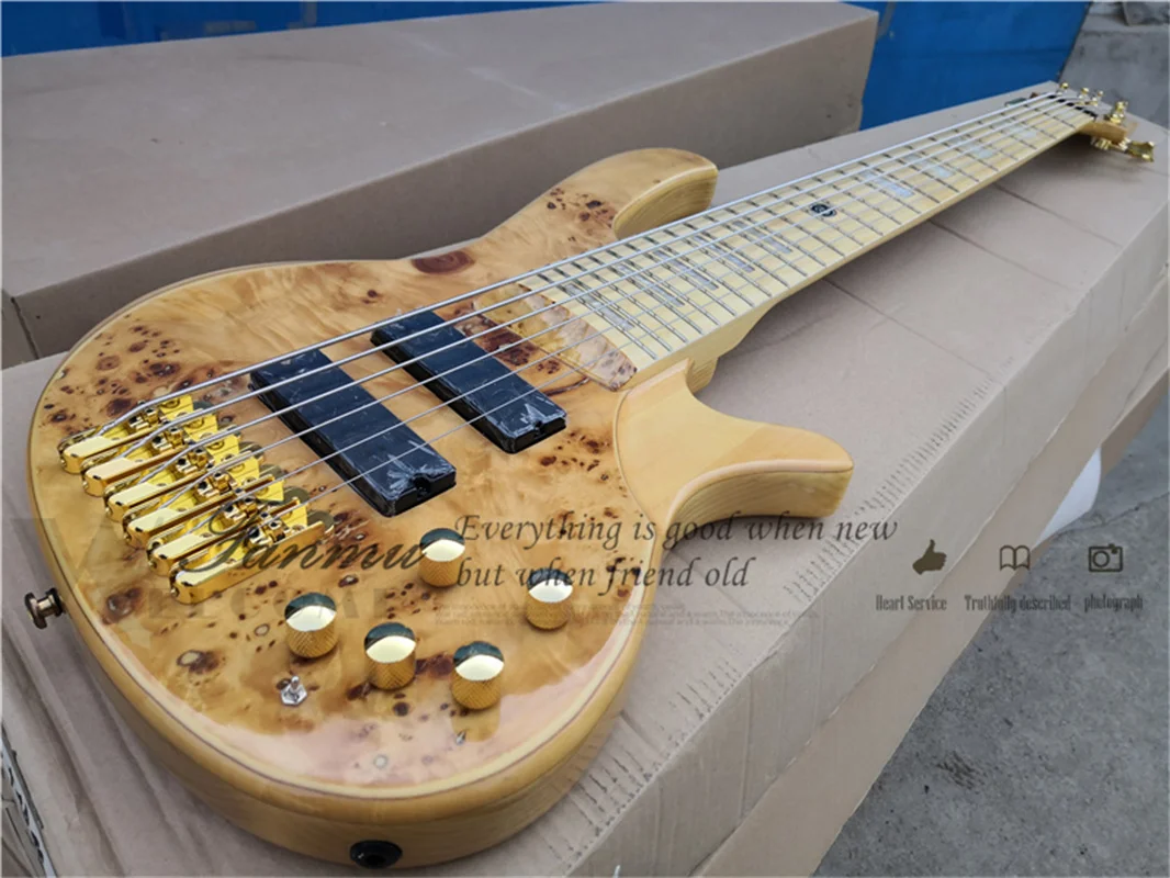 6 string bass guitar  Del bass ASH wood body burl maple top HH pickups gold button neck bolt on body active battery