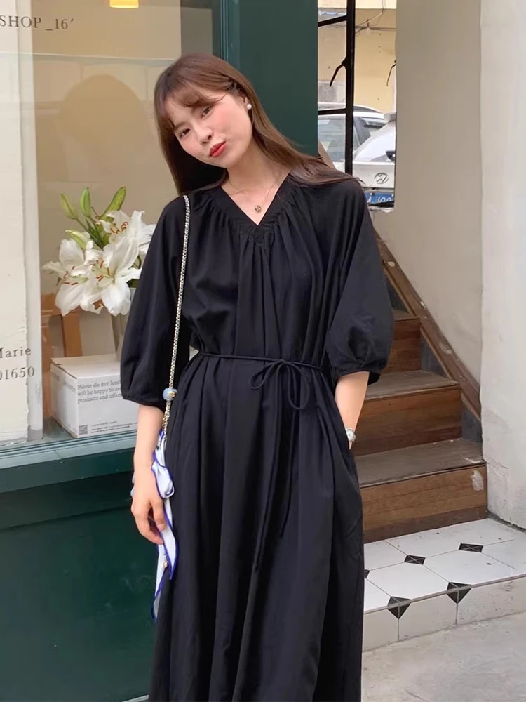 Clothland Women Elegant Loose Midi Dress V Neck Puff Sleeve Sashes One Piece Female fashion Casual Dresses Vestido Midi QD618