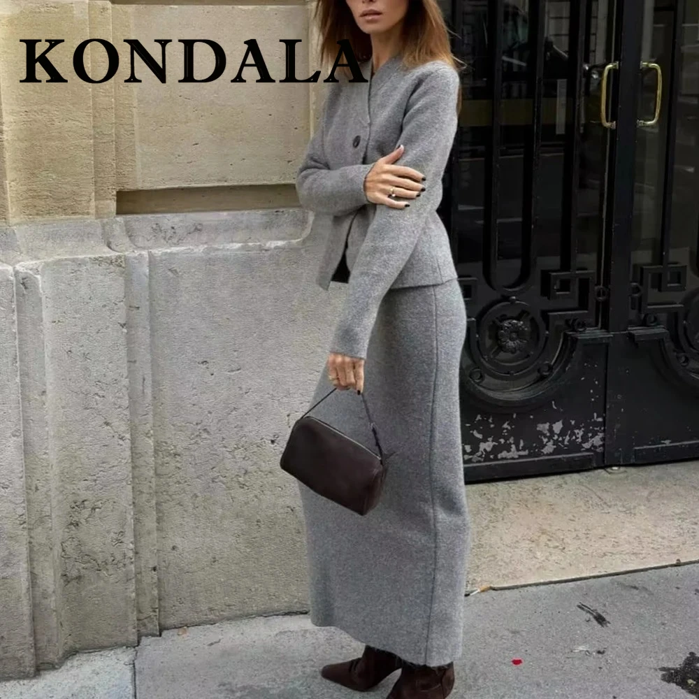 KONDALA 2025 Autumn Women Vintage Solid Suits Buttons Double-Breasted Cardigans+Sheath Long Vent Skirt Women Casual Fashion Sets