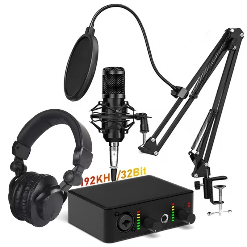 Condenser Microphone Headset Kit Podcast Recording Music USB Audio Interface Sound Card Kit