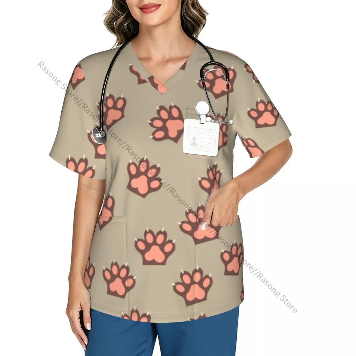 Cat Paw Print With Claws Scrubs tops medical uniforms women V Neck Stretch Scrub Shirt Dentist doctor Blouse