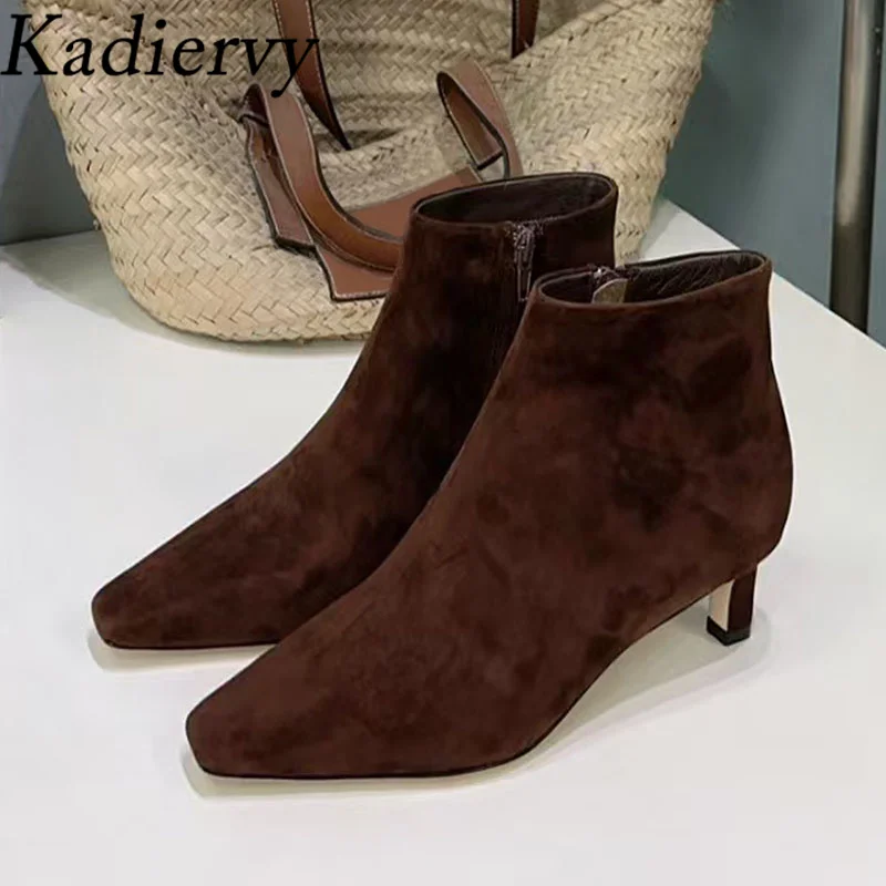 

New Kitten Heels Ankle Boots Woman Suede Leather Small Square Toe Runway Shoes Woman High Heels Short Boots Women Botas Mujer