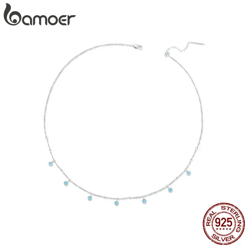 BAMOER 925 Sterling Silver Simple Clavicle Chain Chokers Turquoise Bead Necklace for Women Fine Jewelry Gift BSN388