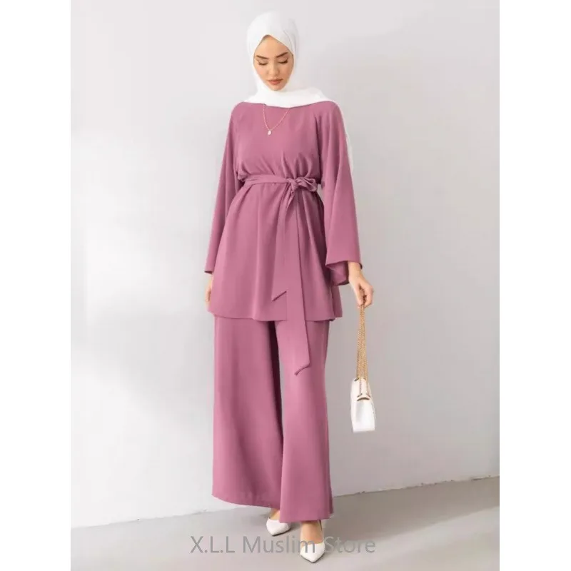 Eid Ramadan Turkey Dubai Kaftan Islam Clothing Muslim Top+Bottom For Women Modest Fashion Casual Set Ensemble Femme Musulmane