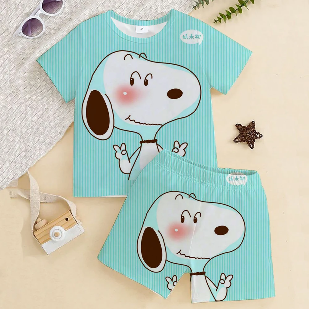 

Детская футболка Snoopy, новая летняя детская одежда для девочек, детские штаны с короткими рукавами, костюм-двойка, От 2 до 16 лет