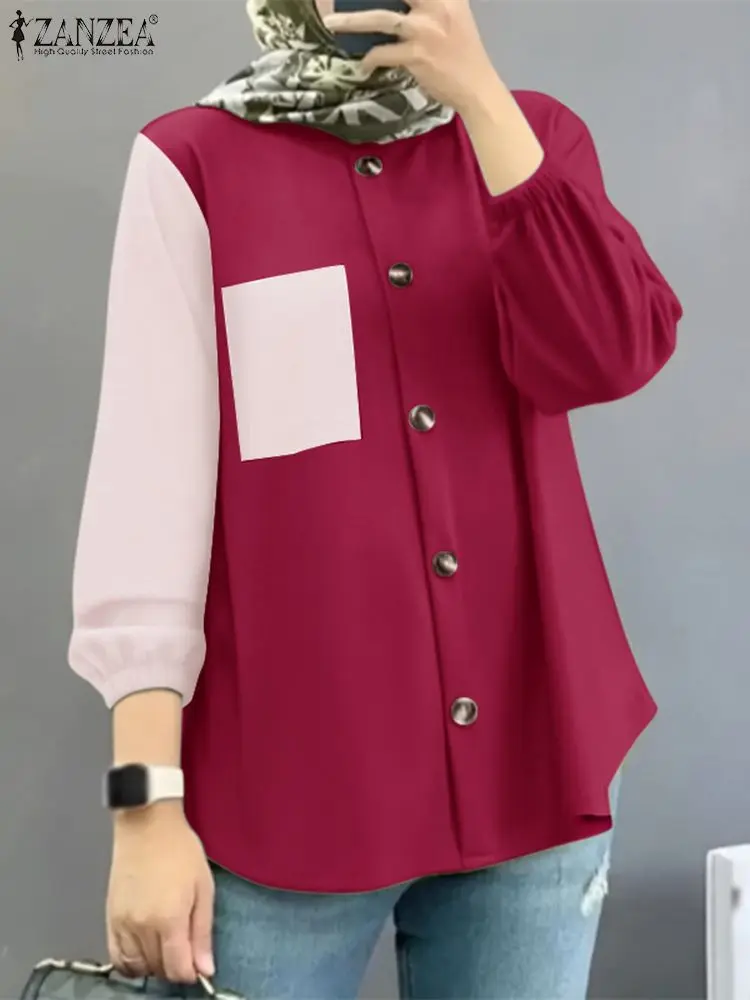 

ZANZEA Women Autumn Shirt Lapel Neck Long Sleeve Muslim Blouse Fashion Patchwork Tops Turkey Dubai Abaya Casual IsIamic Clothing