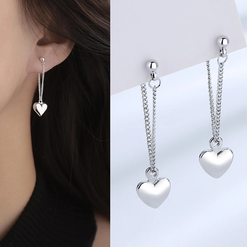 Pendientes de aguja de plata S925 para mujer, cadena de corazón liso, borla, joyería Simple, previene alergias, accesorios de fiesta, regalos