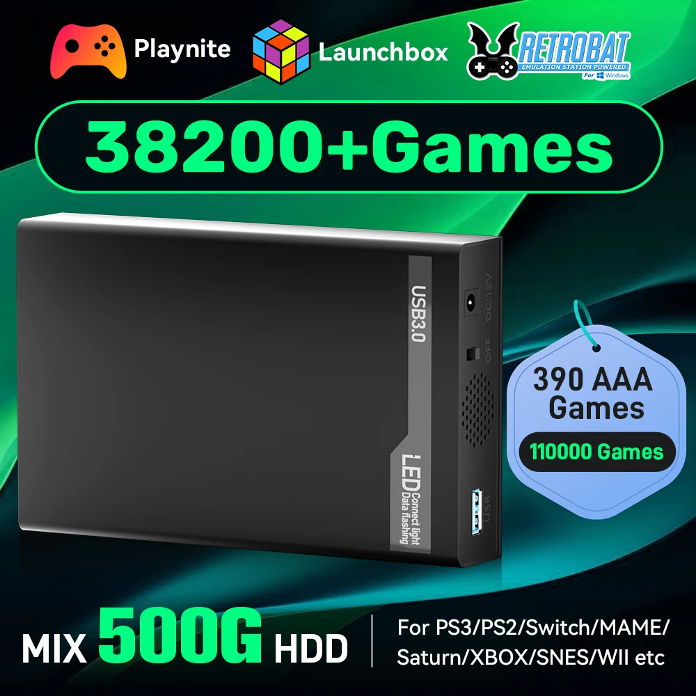 500G Game Hard Drive With 38200+ Retro/PC Games Plug&Play Gaming HDD With Emulators For PS3/PS2/Switch/MAME/XBOX/WII For Windows