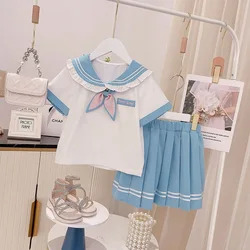 Summer Girl Clothes Lace Collar Top & Pleated Skirt 2 Pieces Set Bowknot JK Uniform Pretty Princess Dress Teenage Preppy Outfit