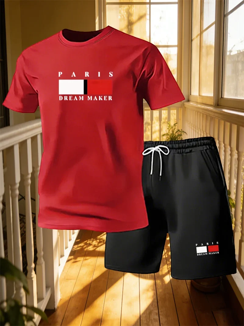 Men's Paris Printed Short Sleeved Round Neck T-shirt Shorts 2-piece Set, Home Style Loose Casual Suit, Men's Printed Sportswear image 5